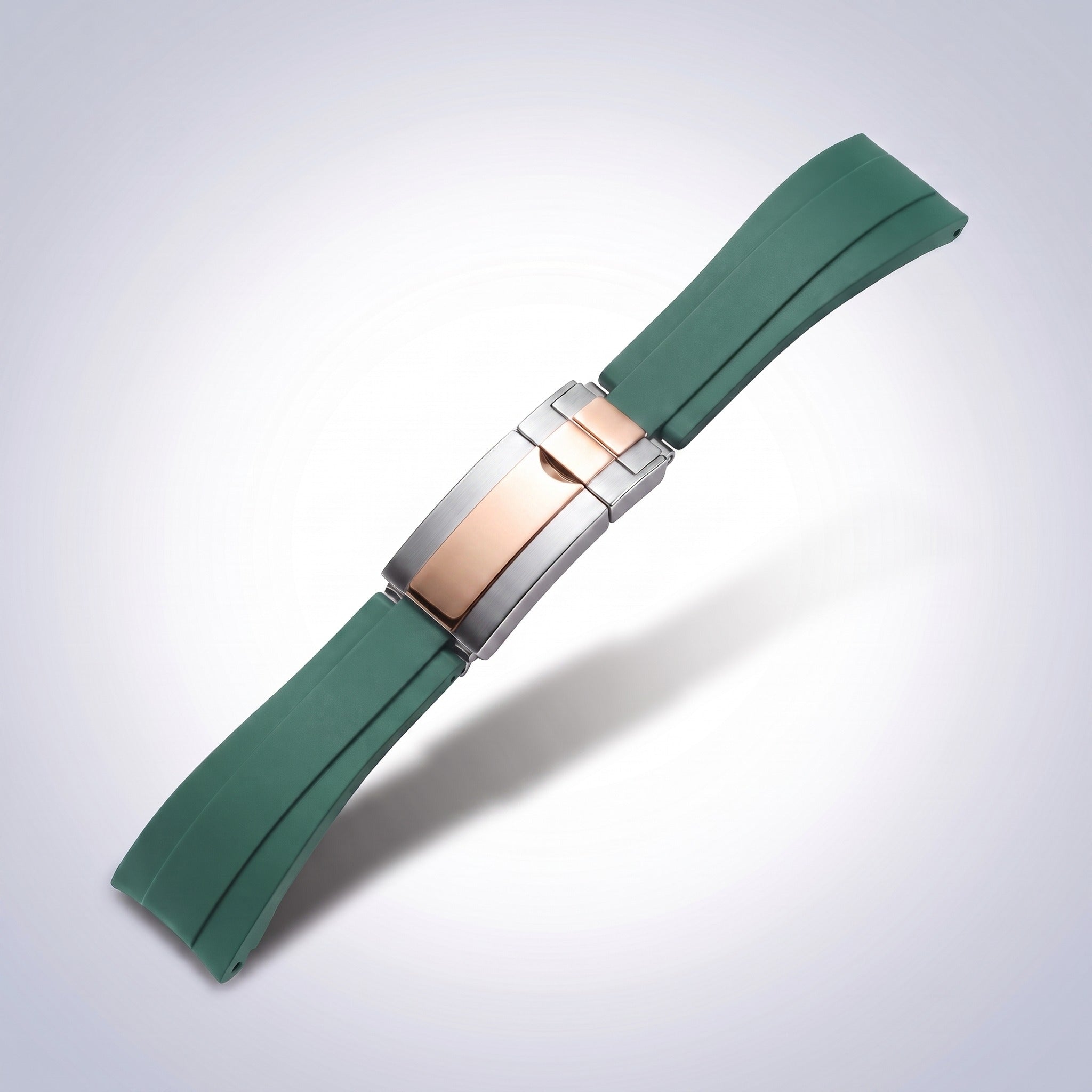 Modena silicone watch strap 20mm in Emerald Green with two-tone rose gold and steel slider clasp