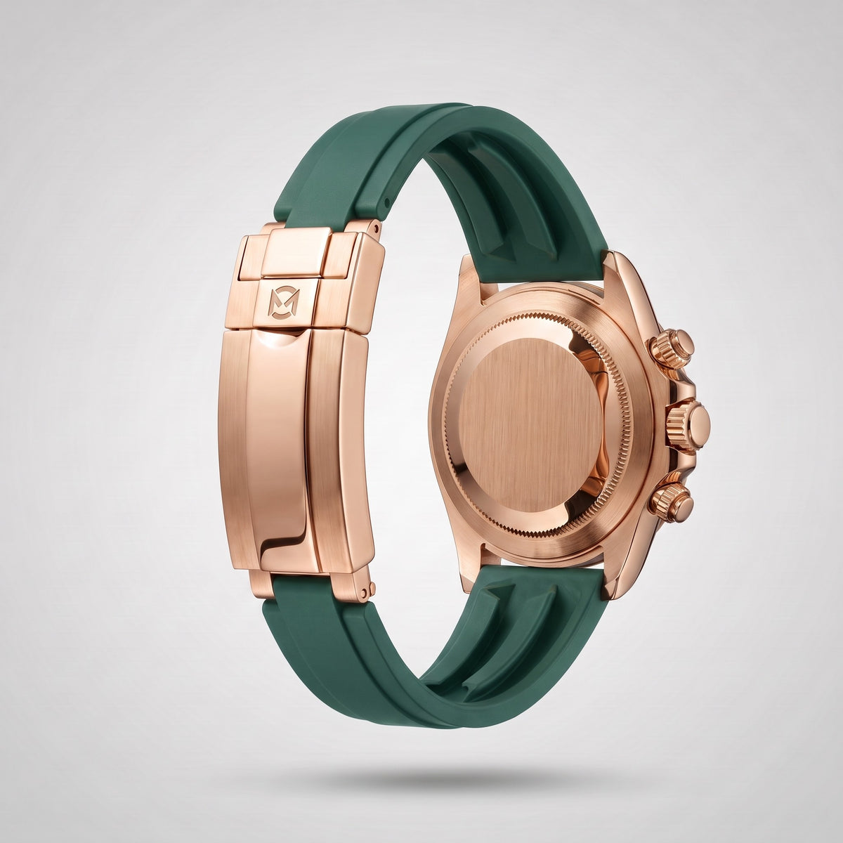 Emerald Green silicone strap 20 mm for the Chrono Mod Modena, rose gold clasp engraved with the Chrono Mod logo, shown on the Modena case