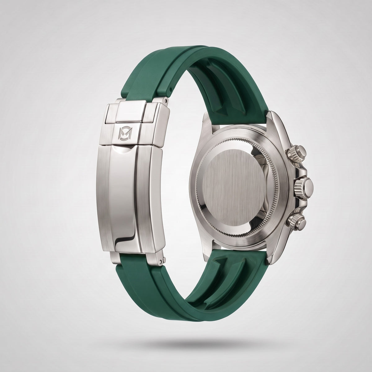 Emerald Green silicone strap 20 mm for the Chrono Mod Modena, brushed stainless steel clasp engraved with the Chrono Mod logo, shown on the Modena case
