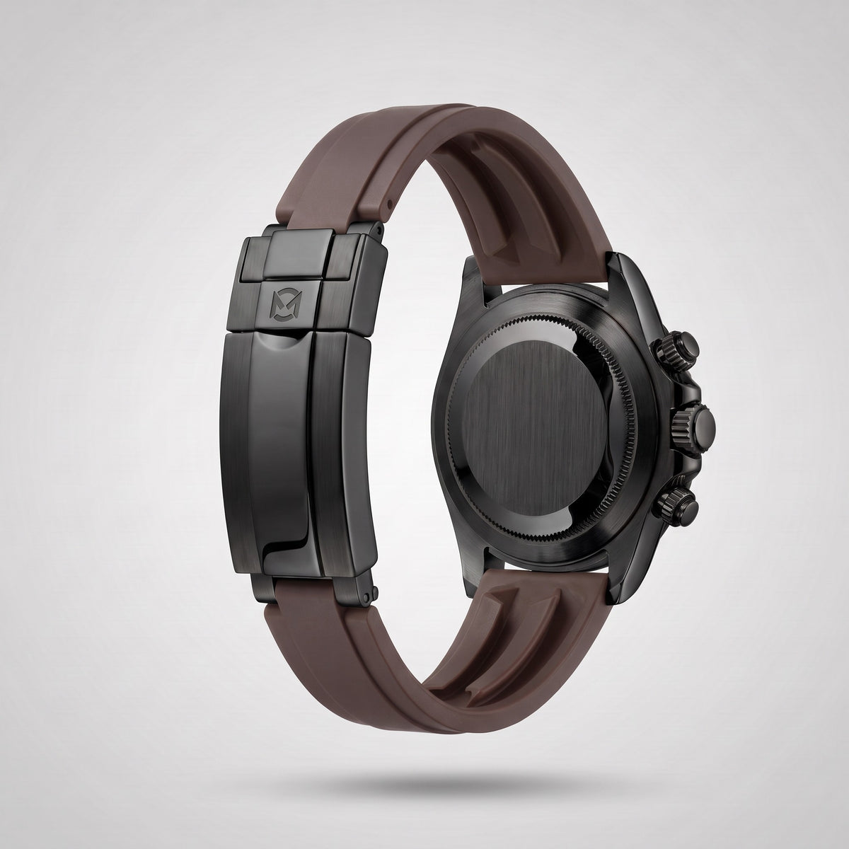 Espresso Brown silicone strap 20 mm for the Chrono Mod Modena, black PVD clasp engraved with the Chrono Mod logo, shown on the Modena case