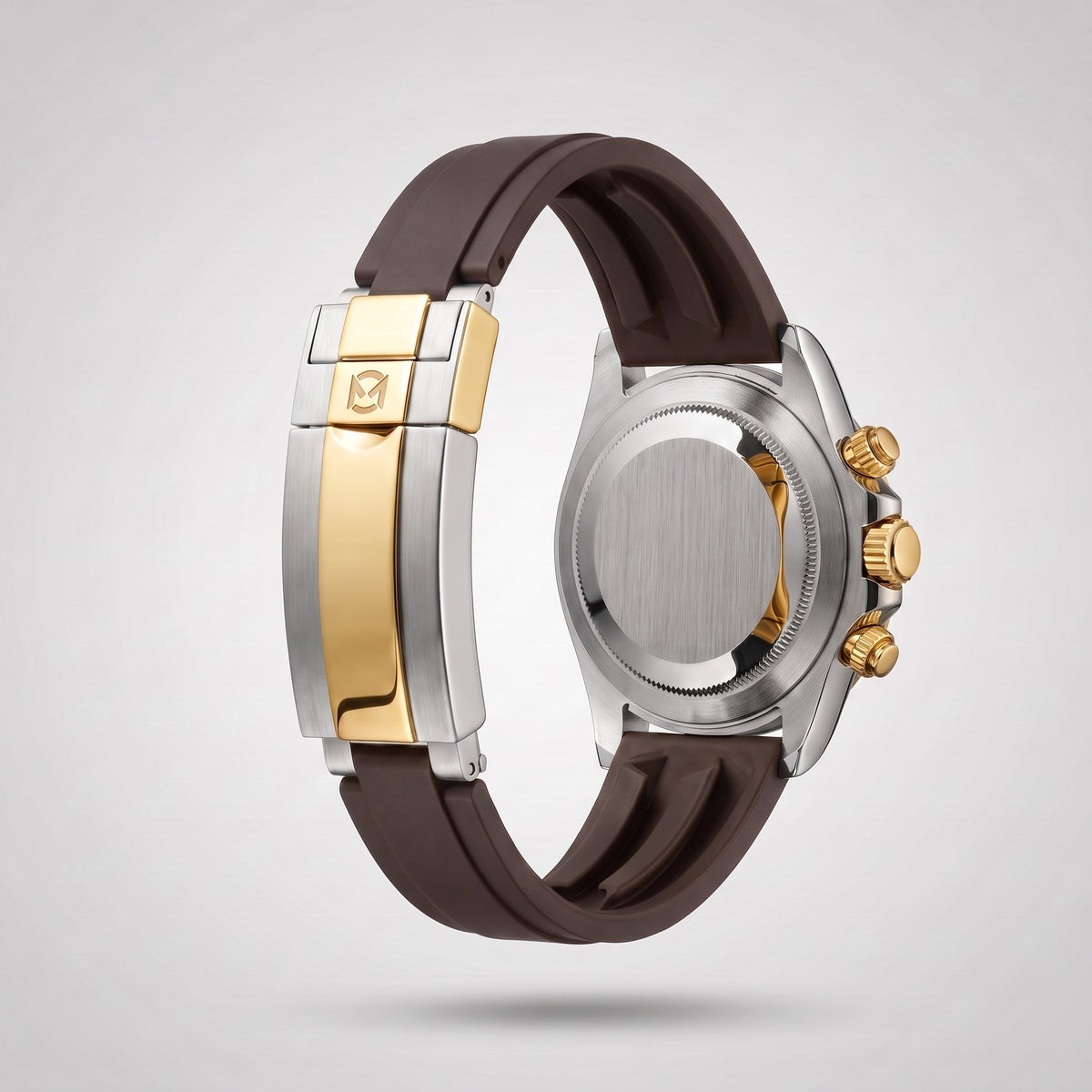 Espresso Brown silicone strap 20 mm for the Chrono Mod Modena, gold and steel clasp engraved with the Chrono Mod logo, shown on the Modena case