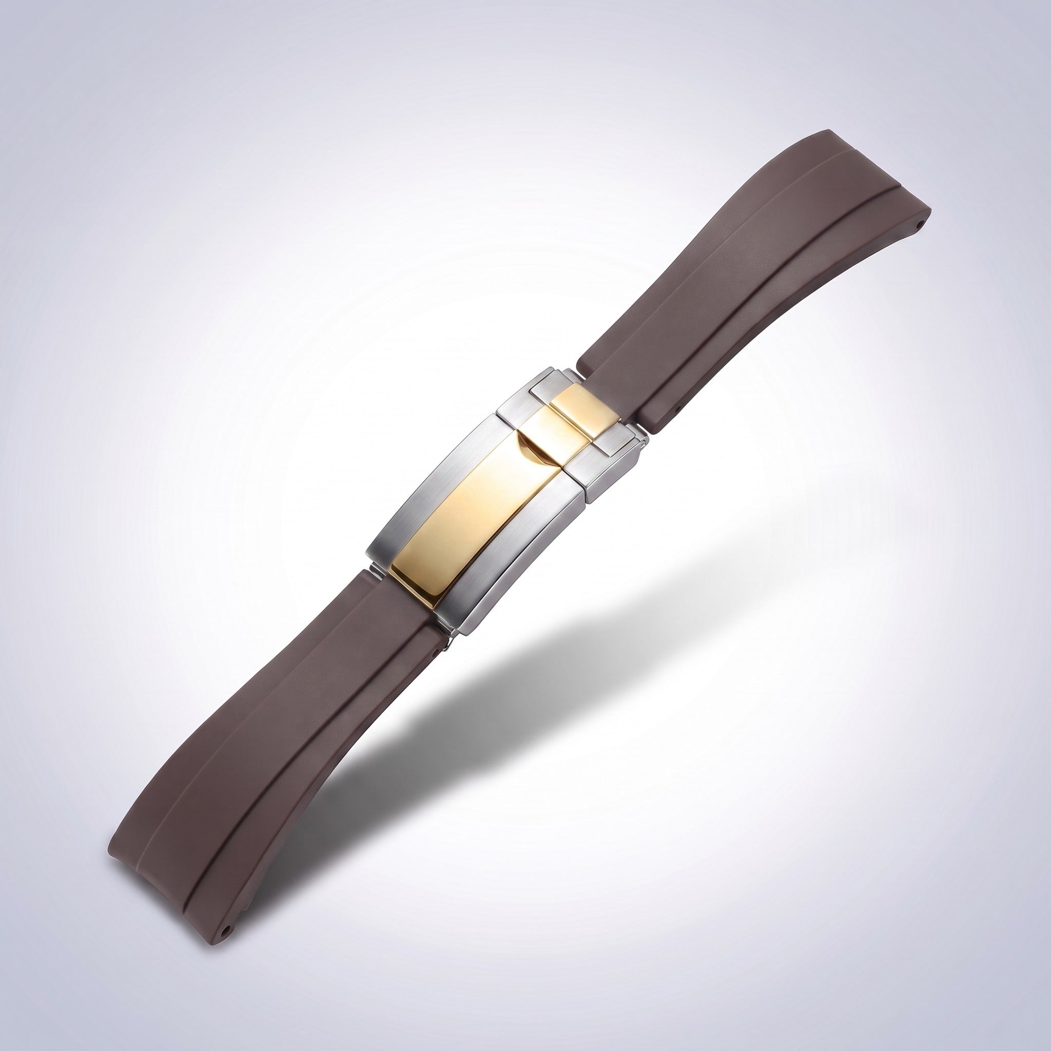 Modena silicone watch strap 20mm in Espresso Brown with two-tone gold and steel slider clasp