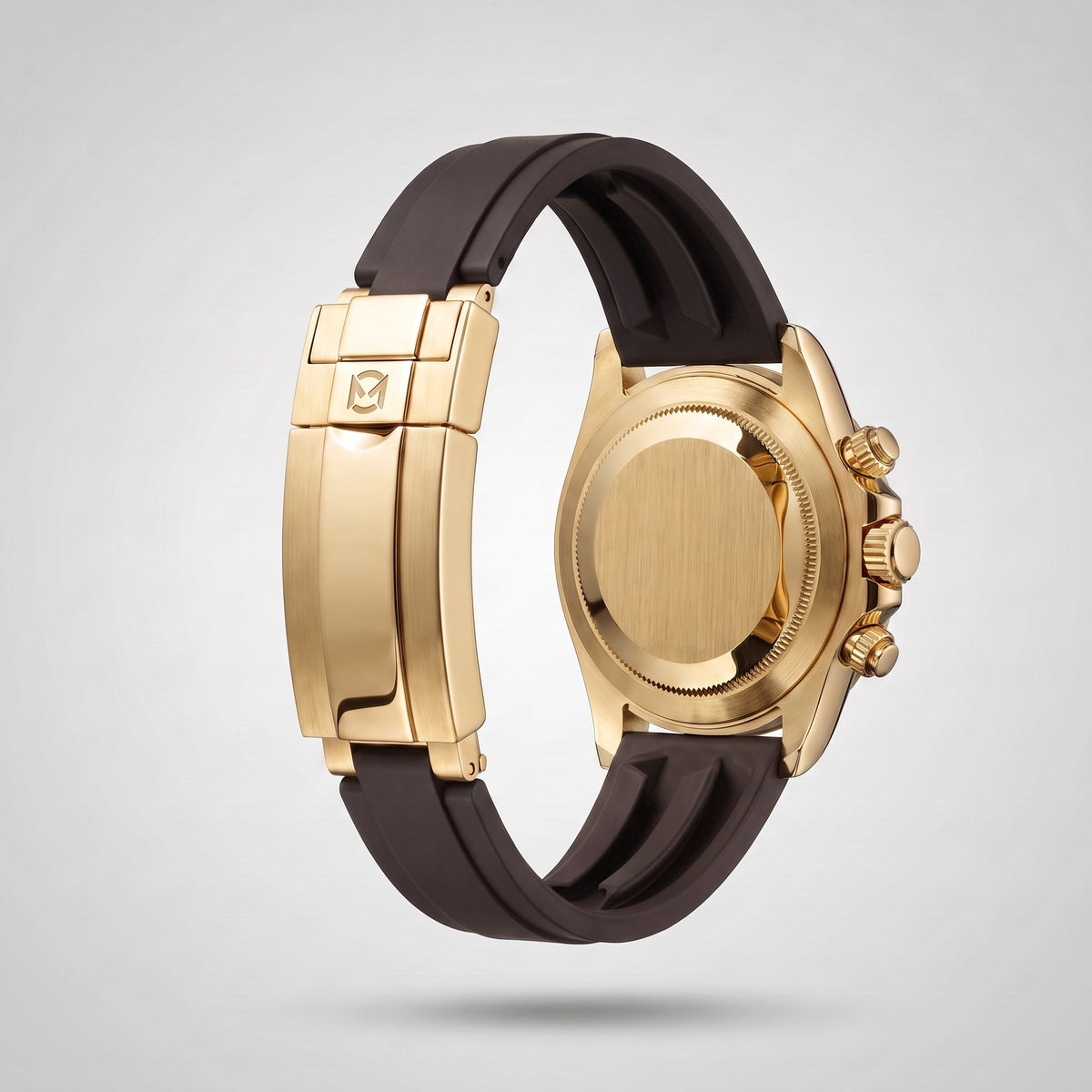 Espresso Brown silicone strap 20 mm for the Chrono Mod Modena, yellow gold clasp engraved with the Chrono Mod logo, shown on the Modena case