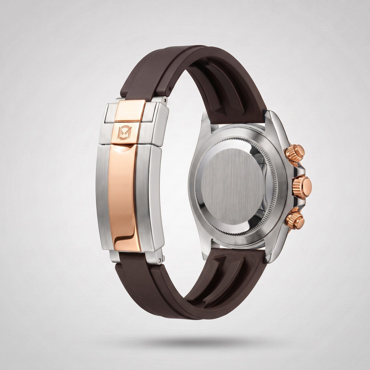 Espresso Brown silicone strap 20 mm for the Chrono Mod Modena, rose gold and steel clasp engraved with the Chrono Mod logo, shown on the Modena case