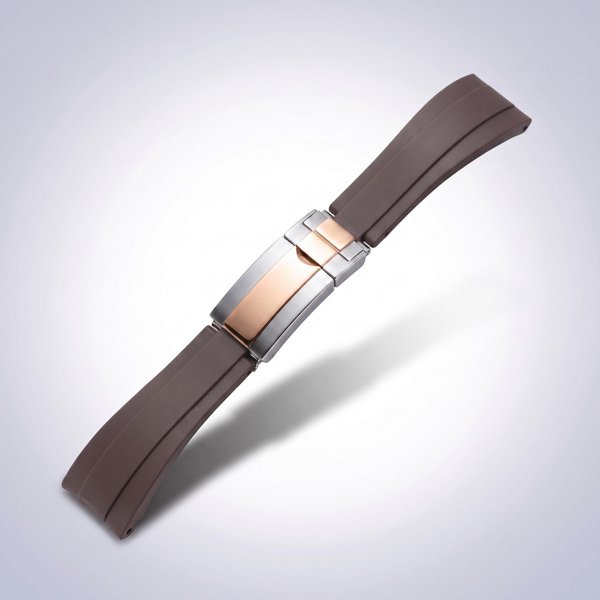 Modena silicone watch strap 20mm in Espresso Brown with two-tone rose gold and steel slider clasp
