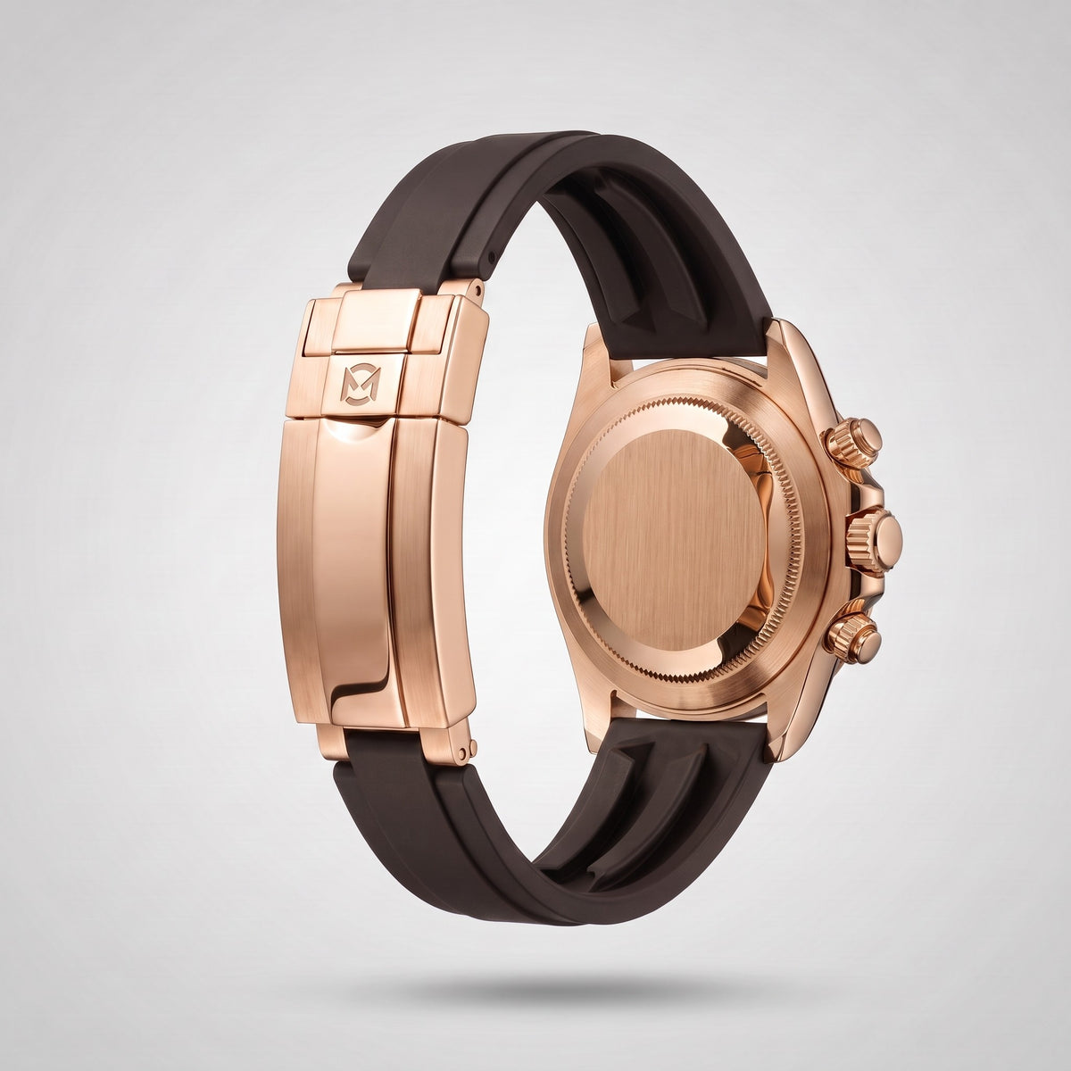 Espresso Brown silicone strap 20 mm for the Chrono Mod Modena, rose gold clasp engraved with the Chrono Mod logo, shown on the Modena case