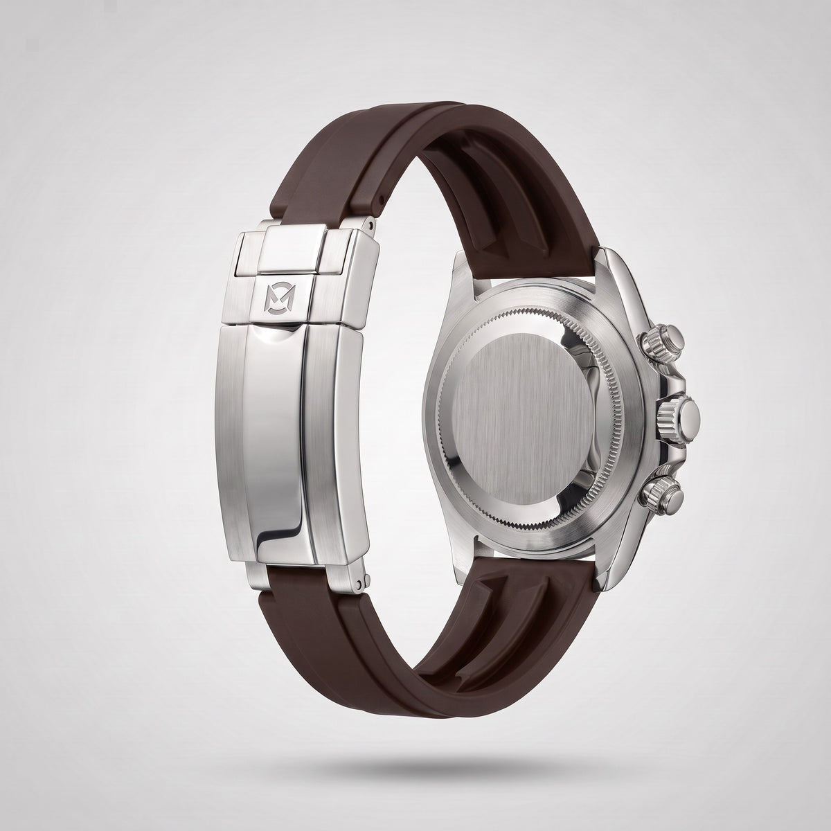 Espresso Brown silicone strap 20 mm for the Chrono Mod Modena, brushed stainless steel clasp engraved with the Chrono Mod logo, shown on the Modena case