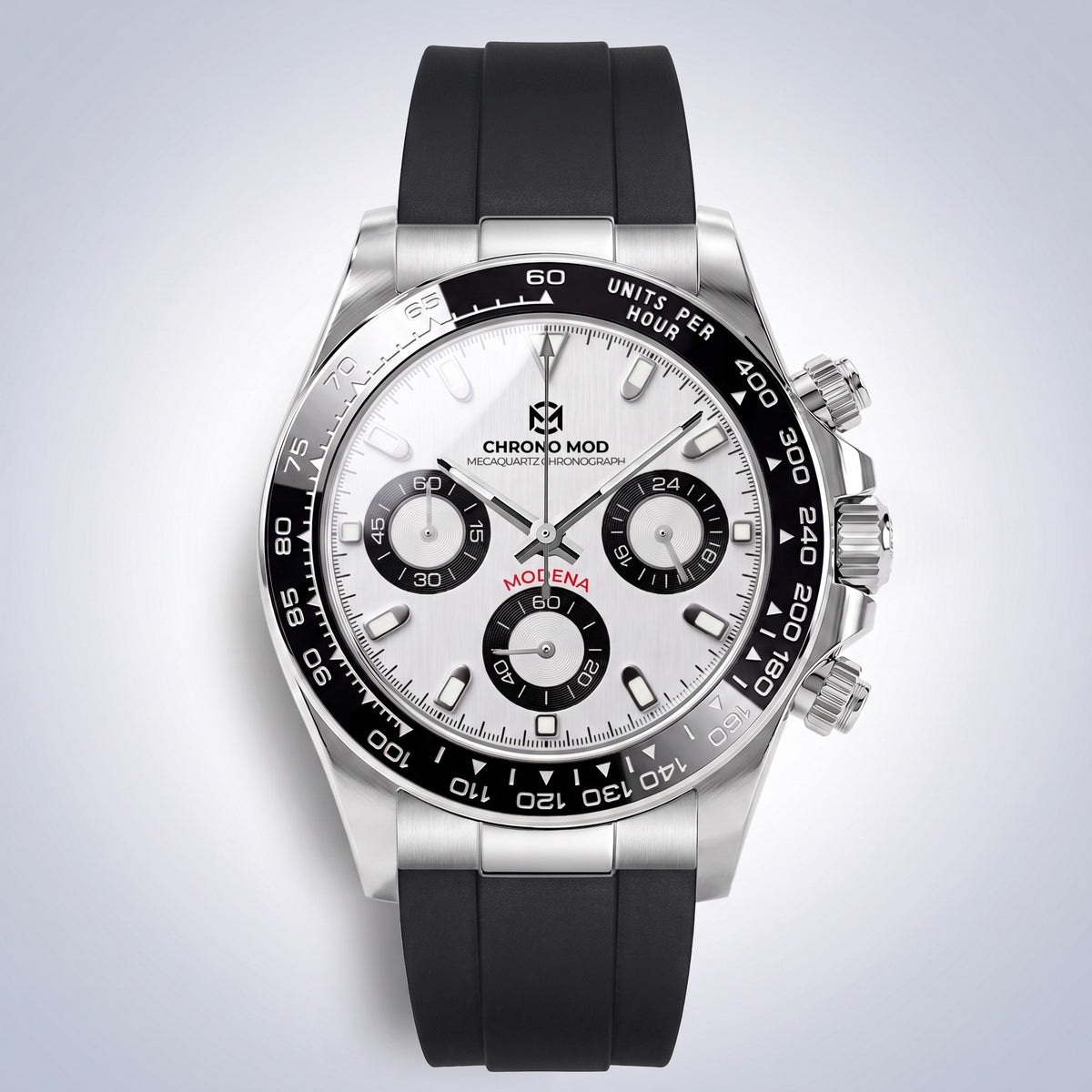 Chrono Mod Modena chronograph fitted with the black silicone strap and its curved brushed steel end links