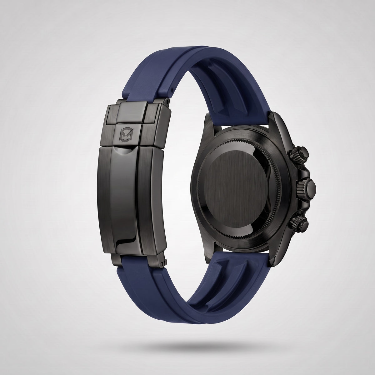 Navy Blue silicone strap 20 mm for the Chrono Mod Modena, black PVD clasp engraved with the Chrono Mod logo, shown on the Modena case