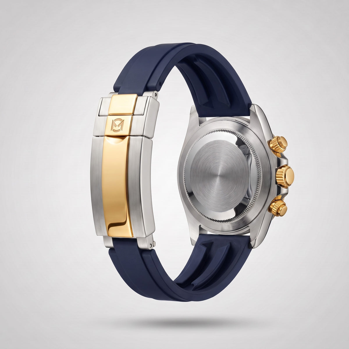 Navy Blue silicone strap 20 mm for the Chrono Mod Modena, gold and steel clasp engraved with the Chrono Mod logo, shown on the Modena case