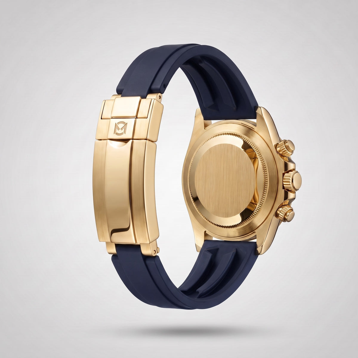Navy Blue silicone strap 20 mm for the Chrono Mod Modena, yellow gold clasp engraved with the Chrono Mod logo, shown on the Modena case