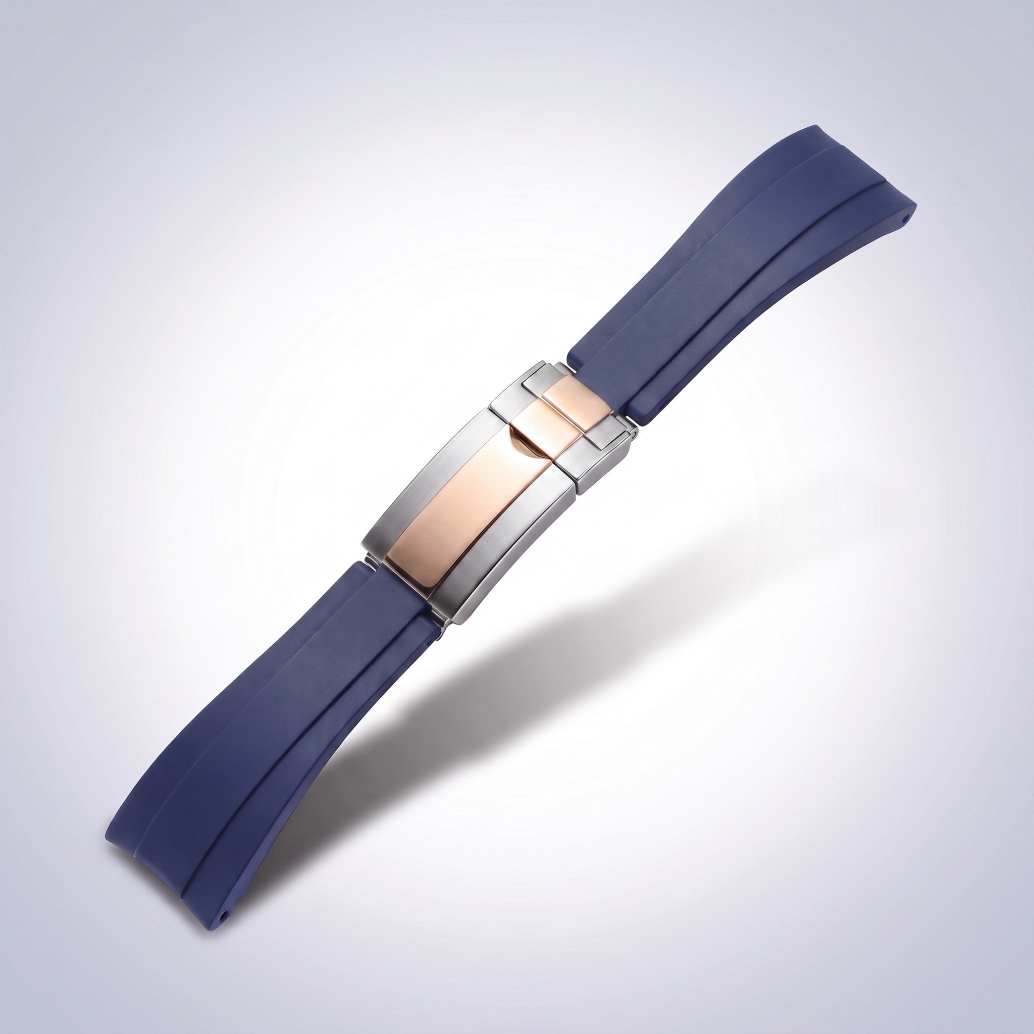 Modena silicone watch strap 20mm in Navy Blue with two-tone rose gold and steel slider clasp