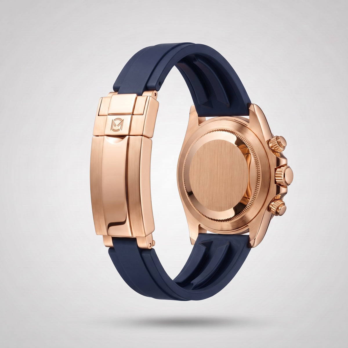 Navy Blue silicone strap 20 mm for the Chrono Mod Modena, rose gold clasp engraved with the Chrono Mod logo, shown on the Modena case