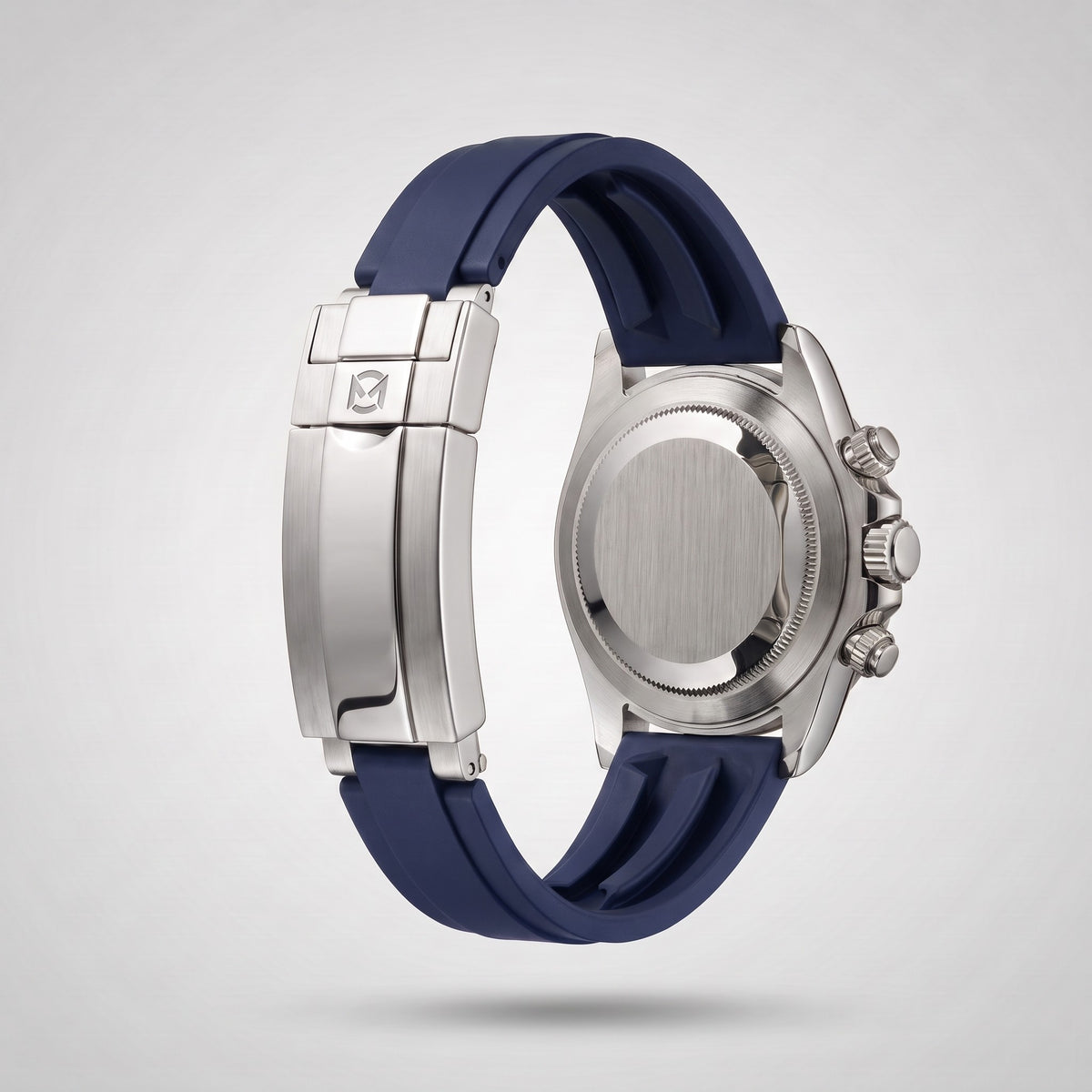 Navy Blue silicone strap 20 mm for the Chrono Mod Modena, brushed stainless steel clasp engraved with the Chrono Mod logo, shown on the Modena case