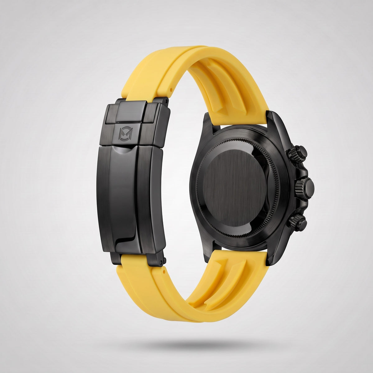 Signal Yellow silicone strap 20 mm for the Chrono Mod Modena, black PVD clasp engraved with the Chrono Mod logo, shown on the Modena case