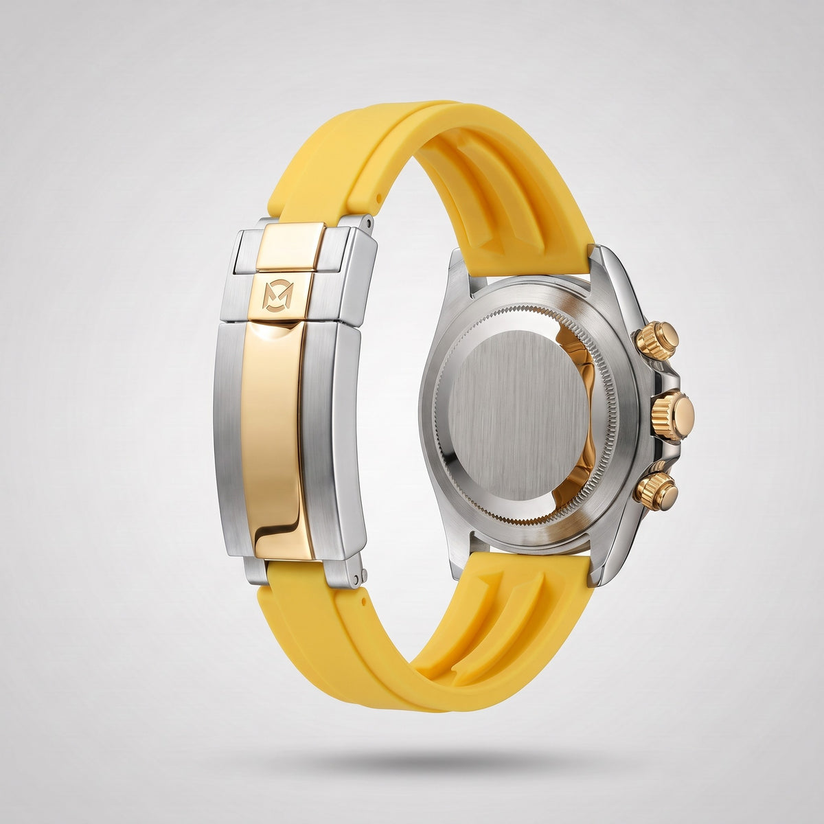 Signal Yellow silicone strap 20 mm for the Chrono Mod Modena, gold and steel clasp engraved with the Chrono Mod logo, shown on the Modena case