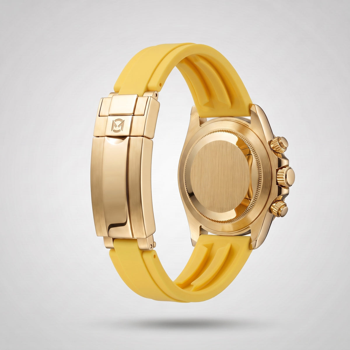 Signal Yellow silicone strap 20 mm for the Chrono Mod Modena, yellow gold clasp engraved with the Chrono Mod logo, shown on the Modena case