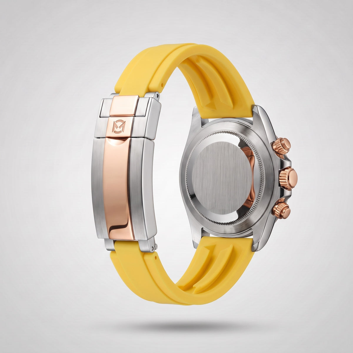 Signal Yellow silicone strap 20 mm for the Chrono Mod Modena, rose gold and steel clasp engraved with the Chrono Mod logo, shown on the Modena case