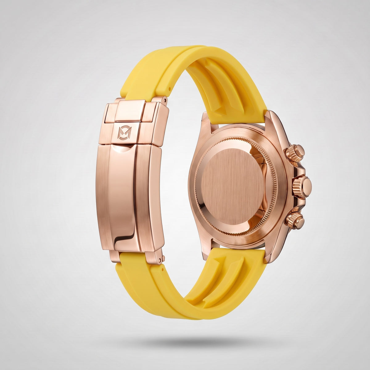 Signal Yellow silicone strap 20 mm for the Chrono Mod Modena, rose gold clasp engraved with the Chrono Mod logo, shown on the Modena case