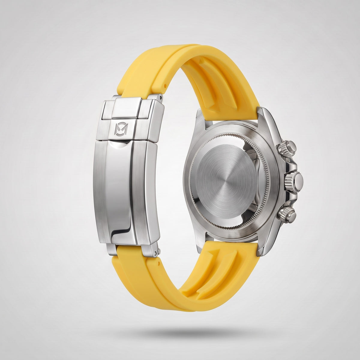 Signal Yellow silicone strap 20 mm for the Chrono Mod Modena, brushed stainless steel clasp engraved with the Chrono Mod logo, shown on the Modena case