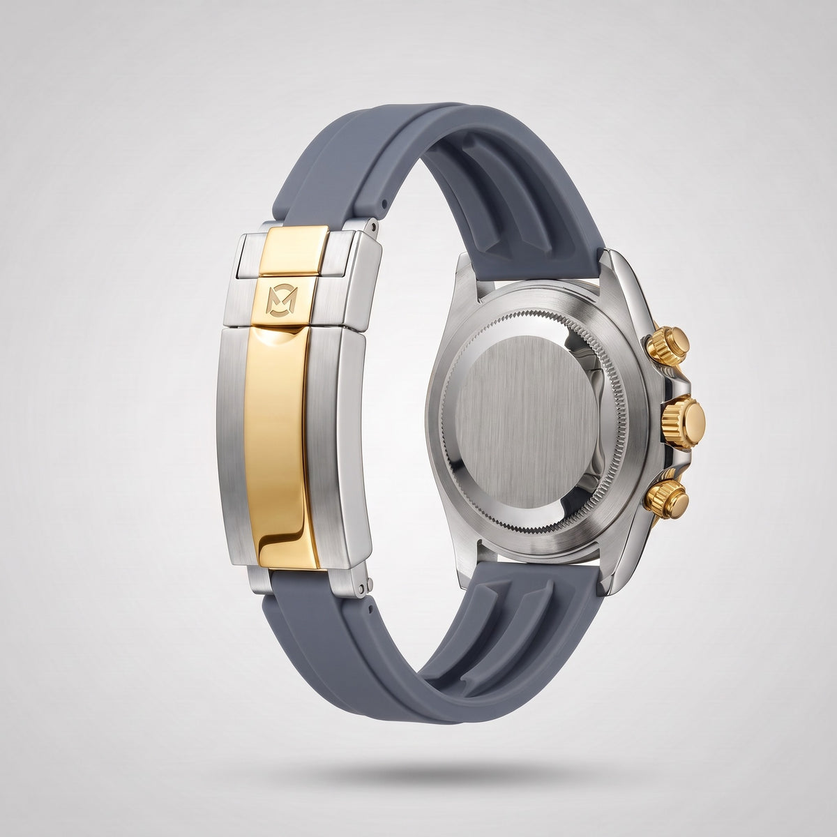 Slate Grey silicone strap 20 mm for the Chrono Mod Modena, gold and steel clasp engraved with the Chrono Mod logo, shown on the Modena case