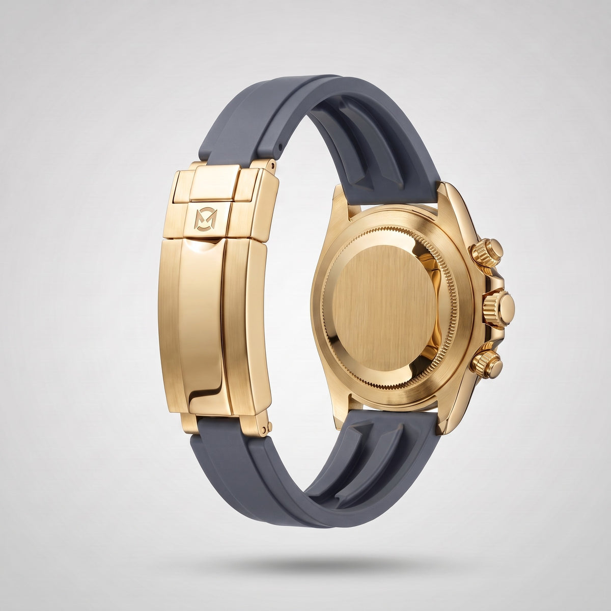 Slate Grey silicone strap 20 mm for the Chrono Mod Modena, yellow gold clasp engraved with the Chrono Mod logo, shown on the Modena case