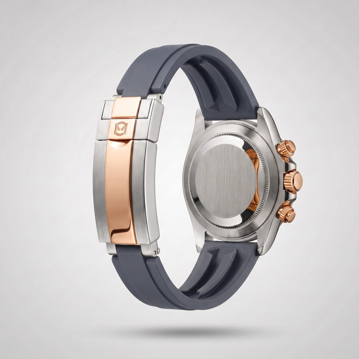 Slate Grey silicone strap 20 mm for the Chrono Mod Modena, rose gold and steel clasp engraved with the Chrono Mod logo, shown on the Modena case