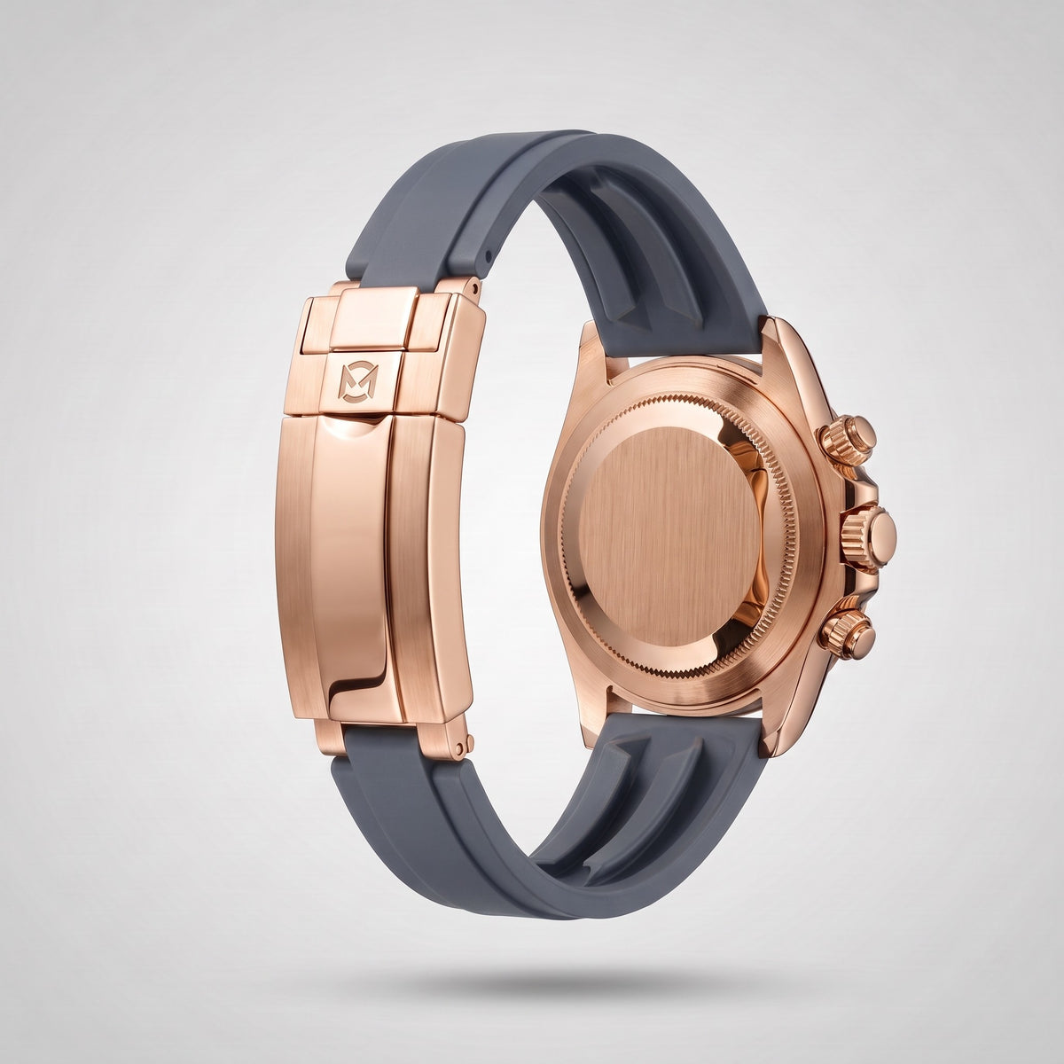 Slate Grey silicone strap 20 mm for the Chrono Mod Modena, rose gold clasp engraved with the Chrono Mod logo, shown on the Modena case