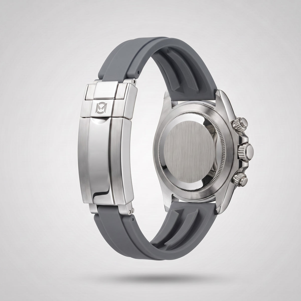 Slate Grey silicone strap 20 mm for the Chrono Mod Modena, brushed stainless steel clasp engraved with the Chrono Mod logo, shown on the Modena case