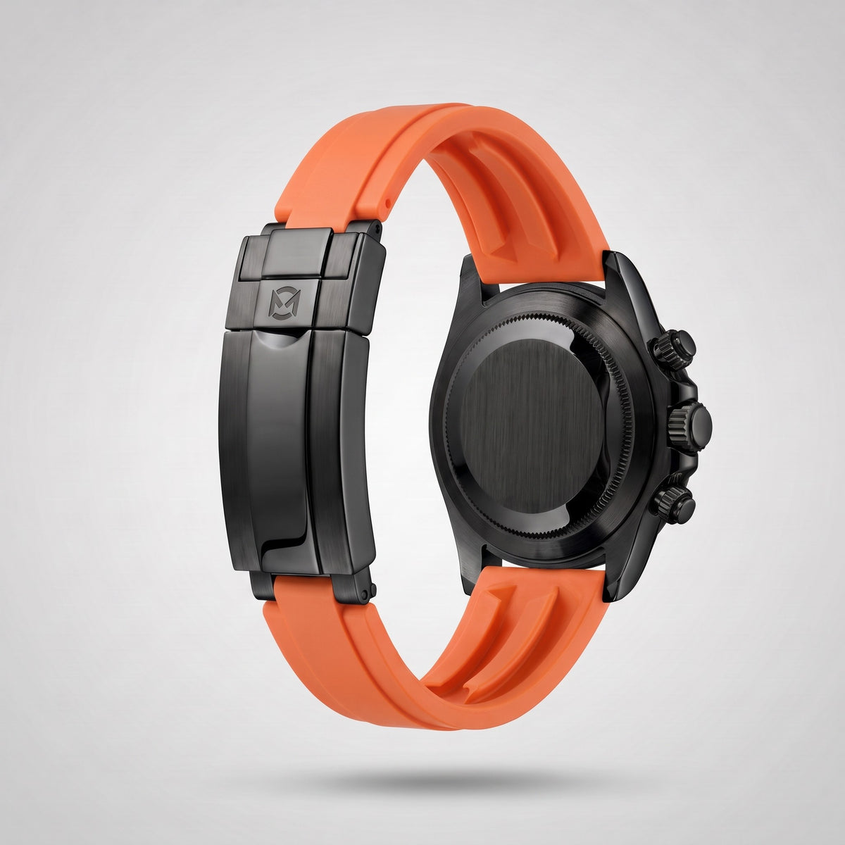 Sunset Orange silicone strap 20 mm for the Chrono Mod Modena, black PVD clasp engraved with the Chrono Mod logo, shown on the Modena case