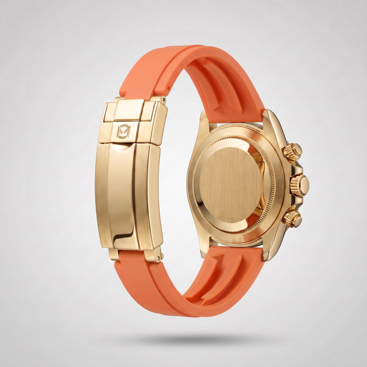 Sunset Orange silicone strap 20 mm for the Chrono Mod Modena, yellow gold clasp engraved with the Chrono Mod logo, shown on the Modena case