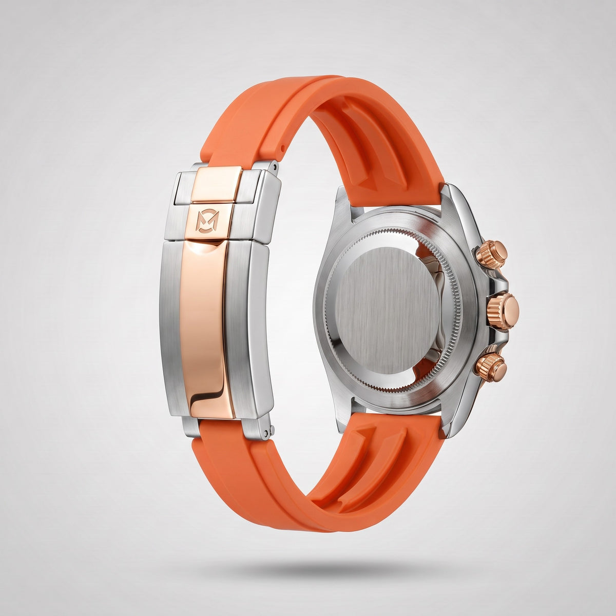 Sunset Orange silicone strap 20 mm for the Chrono Mod Modena, rose gold and steel clasp engraved with the Chrono Mod logo, shown on the Modena case