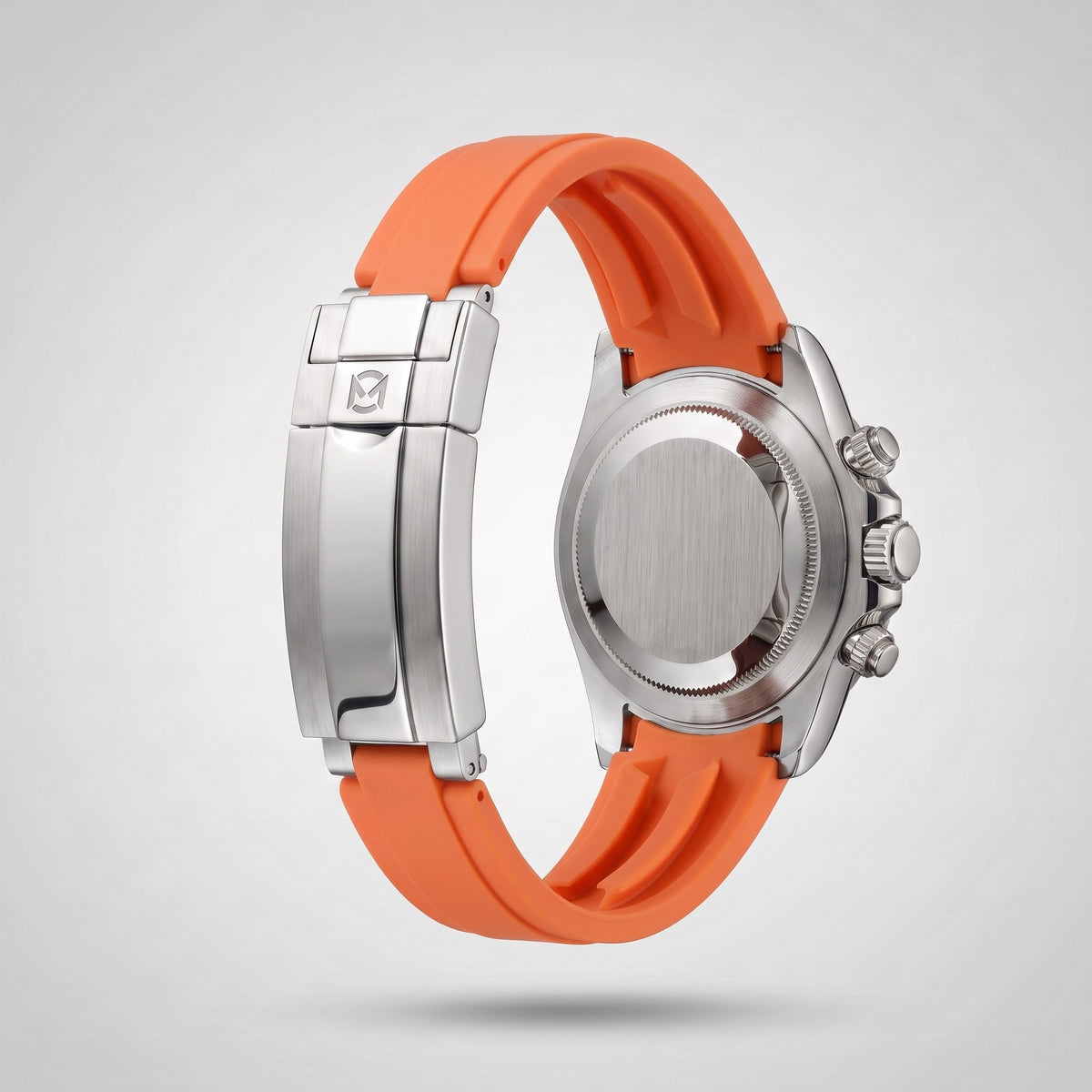 Sunset Orange silicone strap 20 mm for the Chrono Mod Modena, brushed stainless steel clasp engraved with the Chrono Mod logo, shown on the Modena case