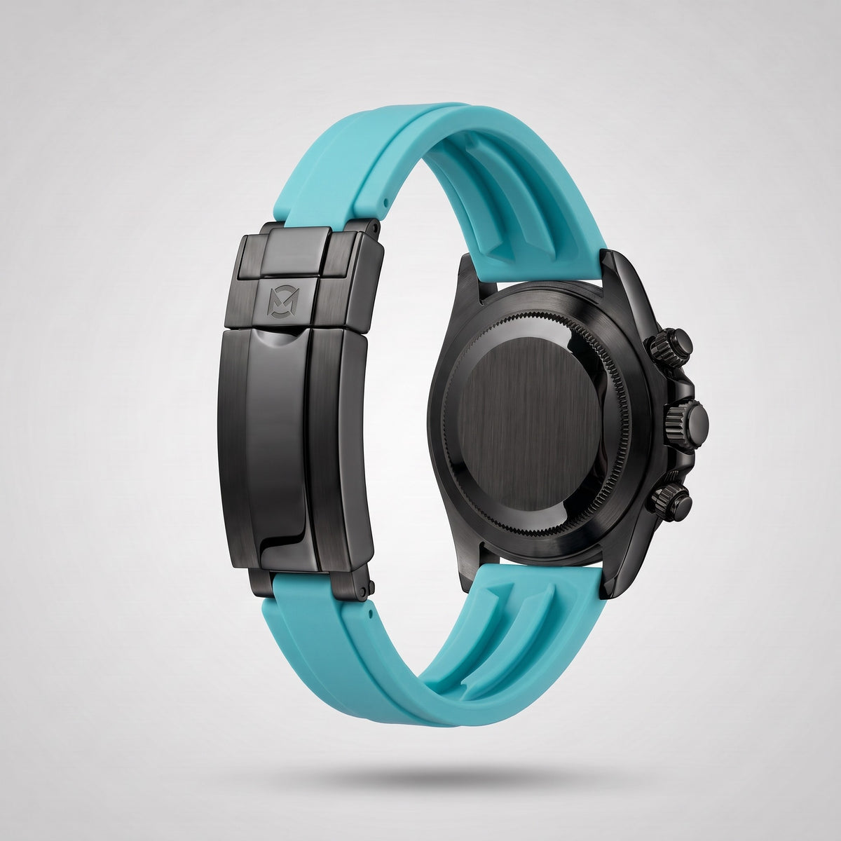 Turquoise silicone strap 20 mm for the Chrono Mod Modena, black PVD clasp engraved with the Chrono Mod logo, shown on the Modena case