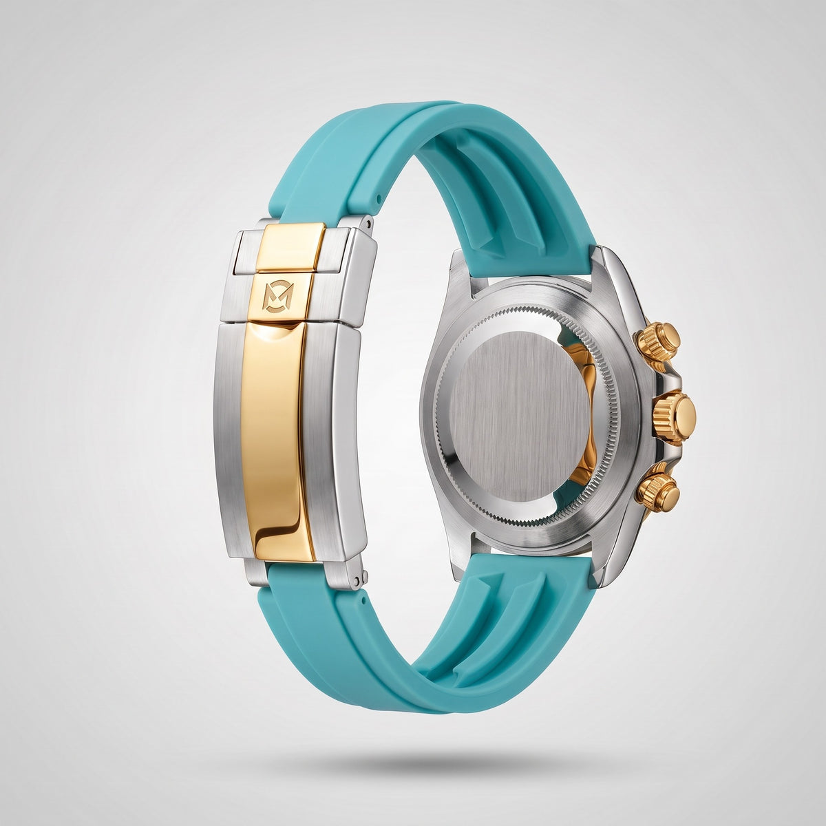 Turquoise silicone strap 20 mm for the Chrono Mod Modena, gold and steel clasp engraved with the Chrono Mod logo, shown on the Modena case