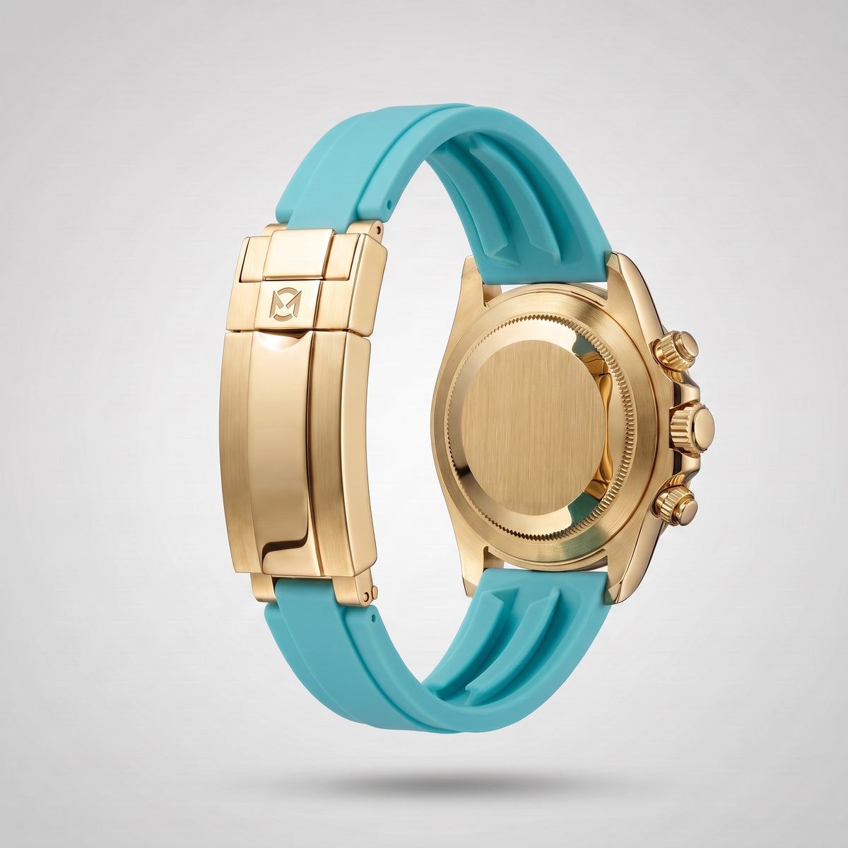 Turquoise silicone strap 20 mm for the Chrono Mod Modena, yellow gold clasp engraved with the Chrono Mod logo, shown on the Modena case