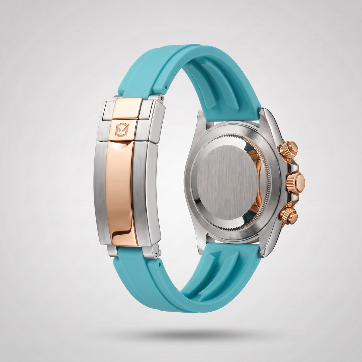 Turquoise silicone strap 20 mm for the Chrono Mod Modena, rose gold and steel clasp engraved with the Chrono Mod logo, shown on the Modena case