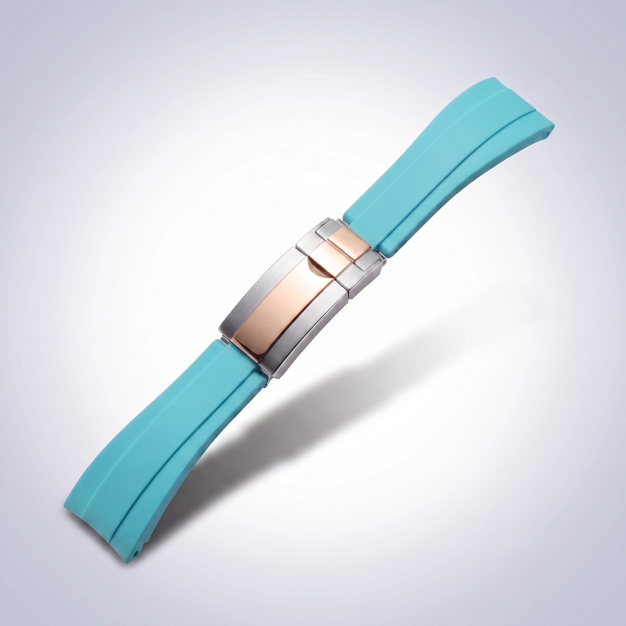 Modena silicone watch strap 20mm in Turquoise with two-tone rose gold and steel slider clasp