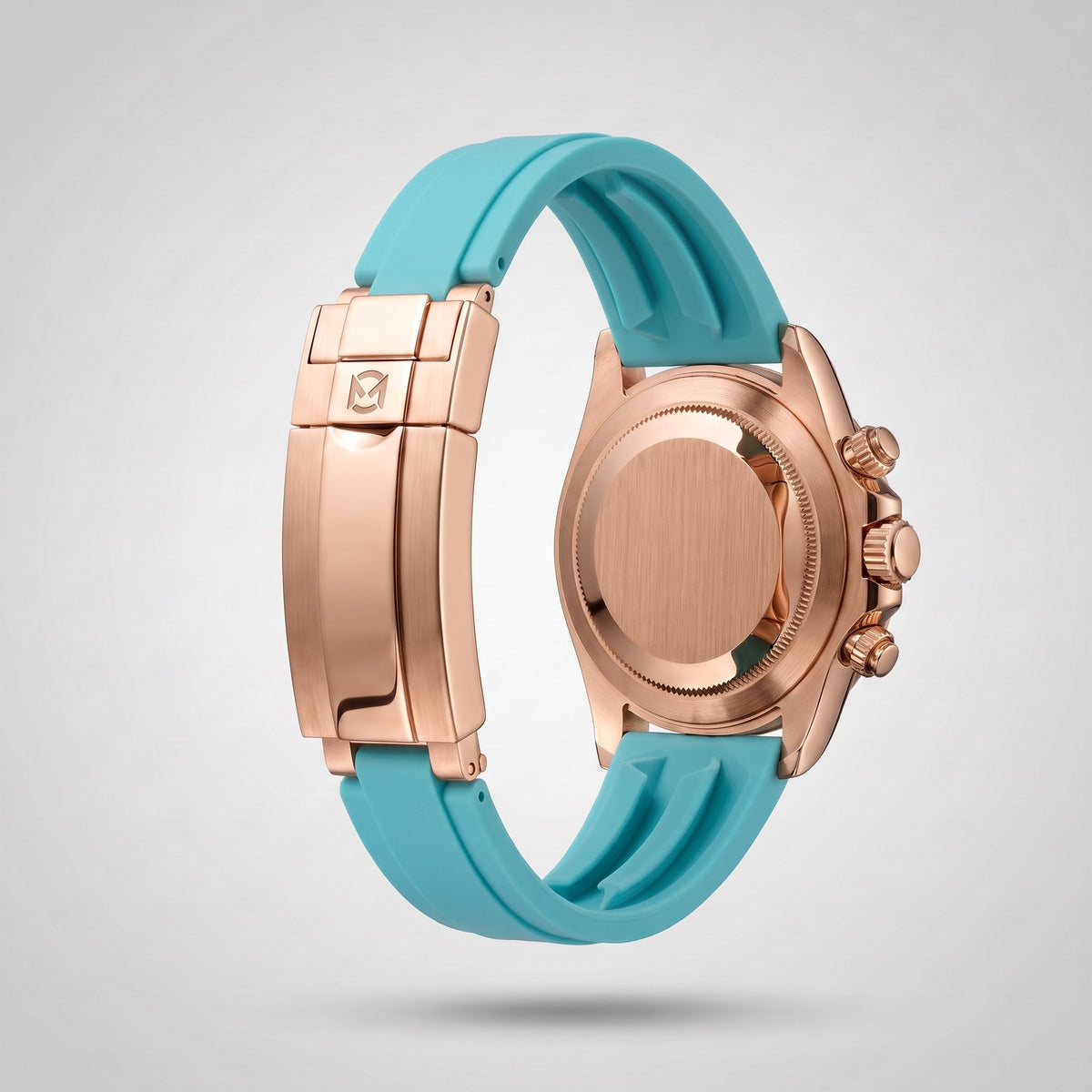 Turquoise silicone strap 20 mm for the Chrono Mod Modena, rose gold clasp engraved with the Chrono Mod logo, shown on the Modena case