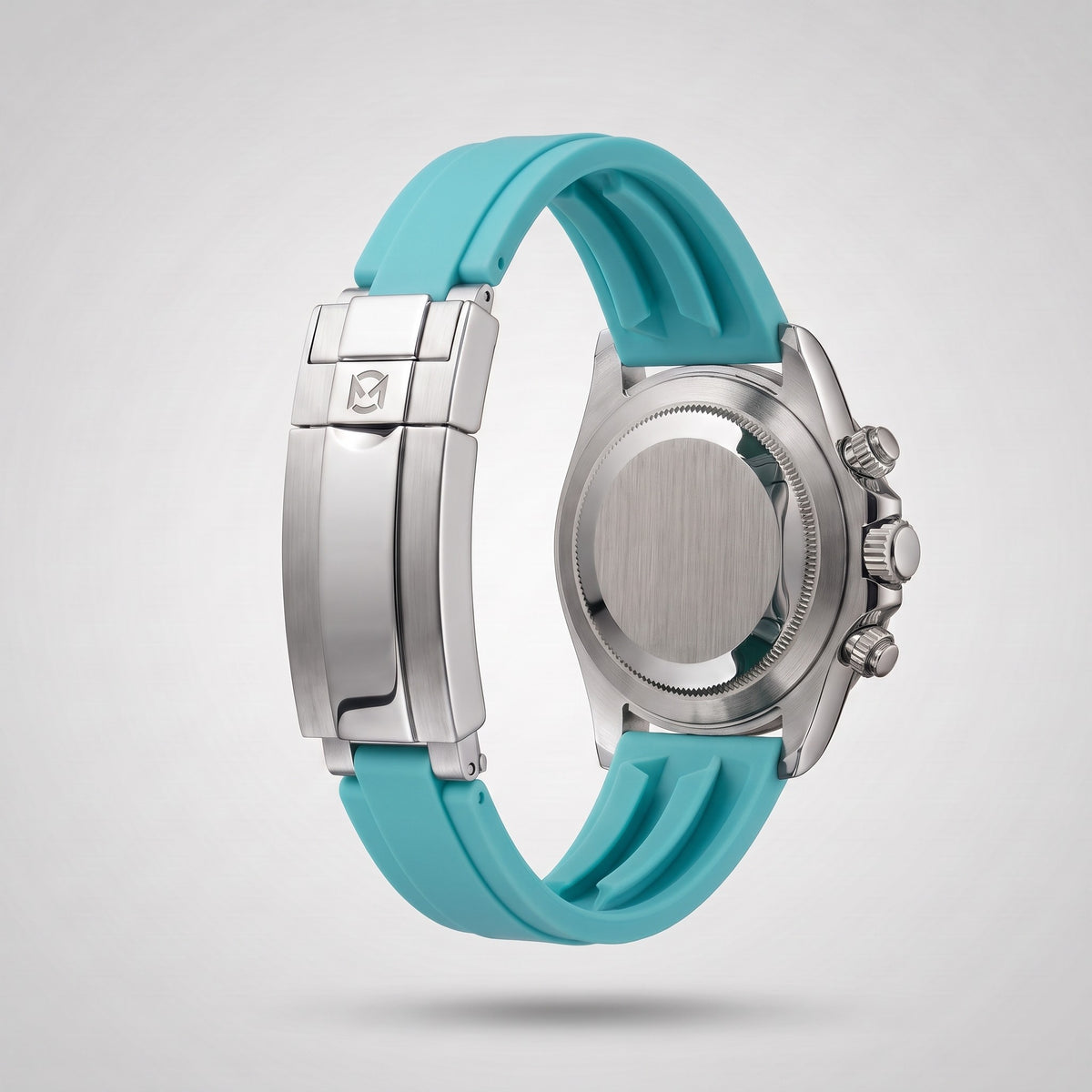 Turquoise silicone strap 20 mm for the Chrono Mod Modena, brushed stainless steel clasp engraved with the Chrono Mod logo, shown on the Modena case