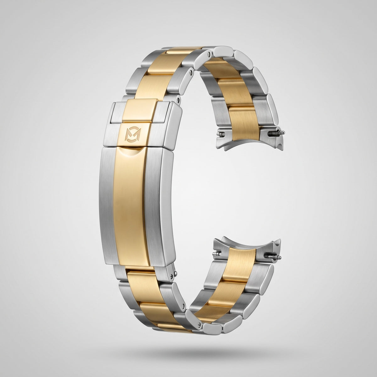 Gold Two Tone fully brushed Oyster bracelet 20 mm, brushed steel outer links and brushed yellow gold centre links, clasp engraved with the Chrono Mod logo