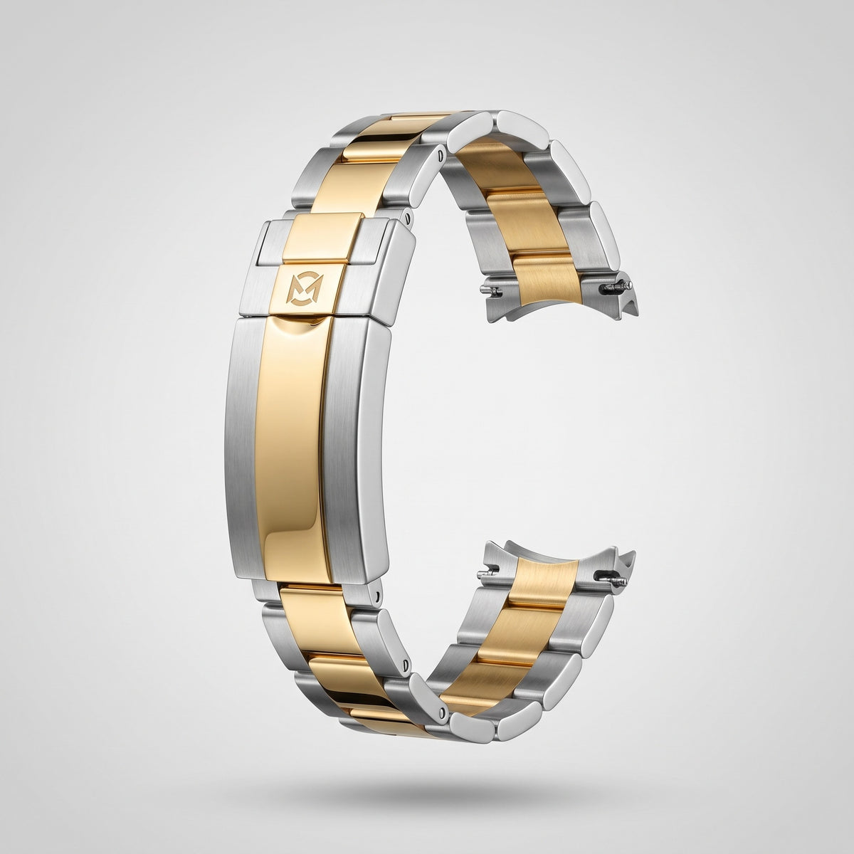 Gold Two Tone Oyster bracelet 20 mm, brushed steel outer links and polished yellow gold centre links, clasp engraved with the Chrono Mod logo