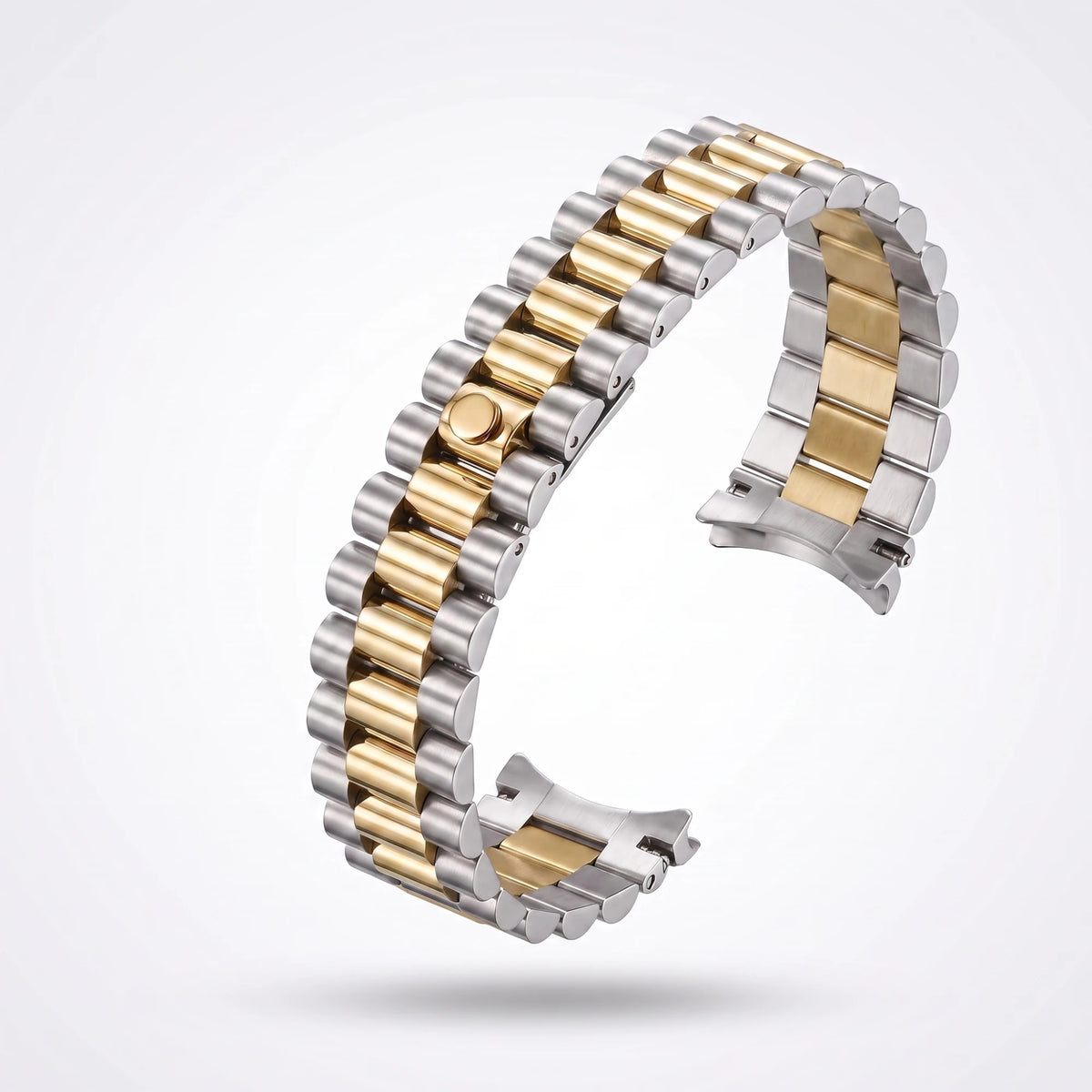 Two-tone President bracelet 20 mm with brushed steel outer rows and a polished yellow gold centre row