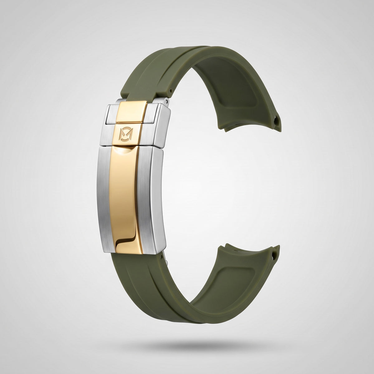 Army Green quick release silicone strap 20 mm, gold and silver clasp engraved with the Chrono Mod logo