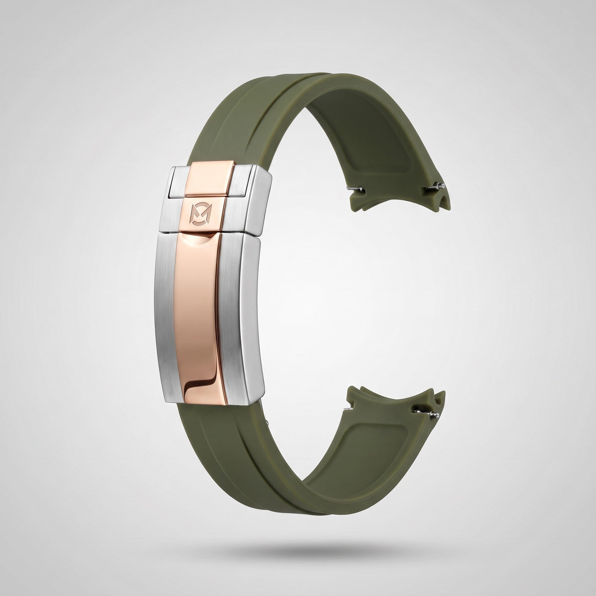 Army Green quick release silicone strap 20 mm, rose gold and silver clasp engraved with the Chrono Mod logo