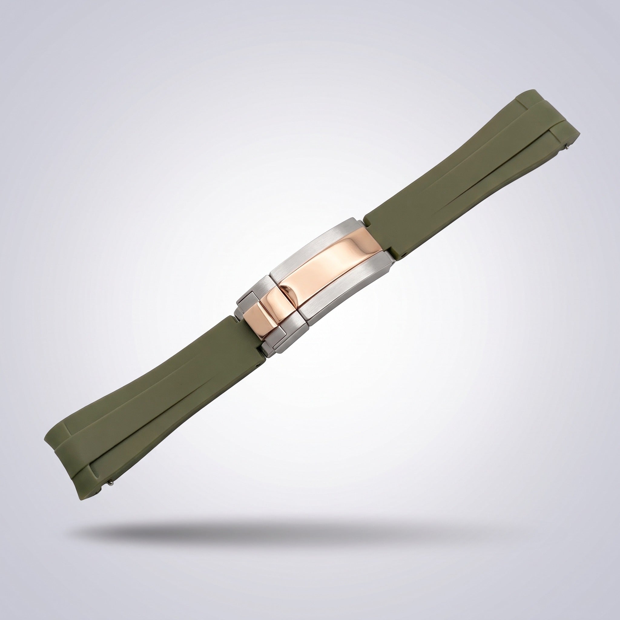 Quick Release Silicone Strap 20mm in Army Green with two-tone rose gold and steel buckle