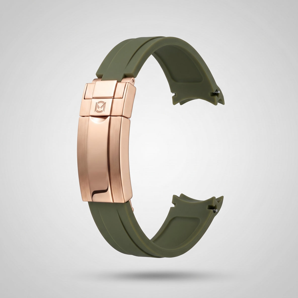 Army Green quick release silicone strap 20 mm, rose gold clasp engraved with the Chrono Mod logo