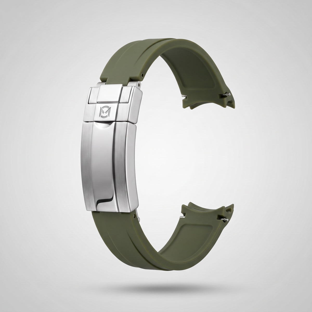 Army Green quick release silicone strap 20 mm, brushed stainless steel clasp engraved with the Chrono Mod logo