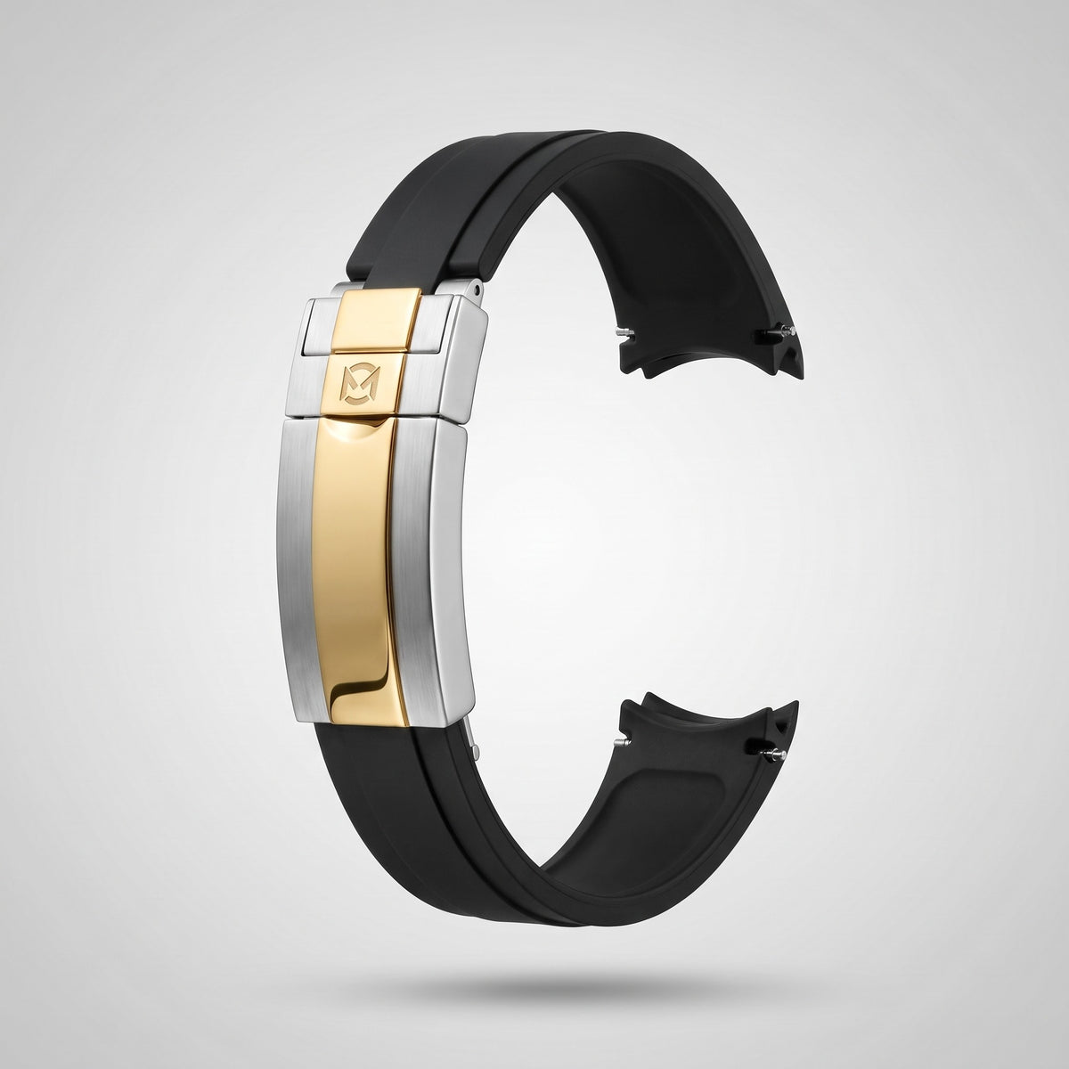Classic Black quick release silicone strap 20 mm, gold and silver clasp engraved with the Chrono Mod logo