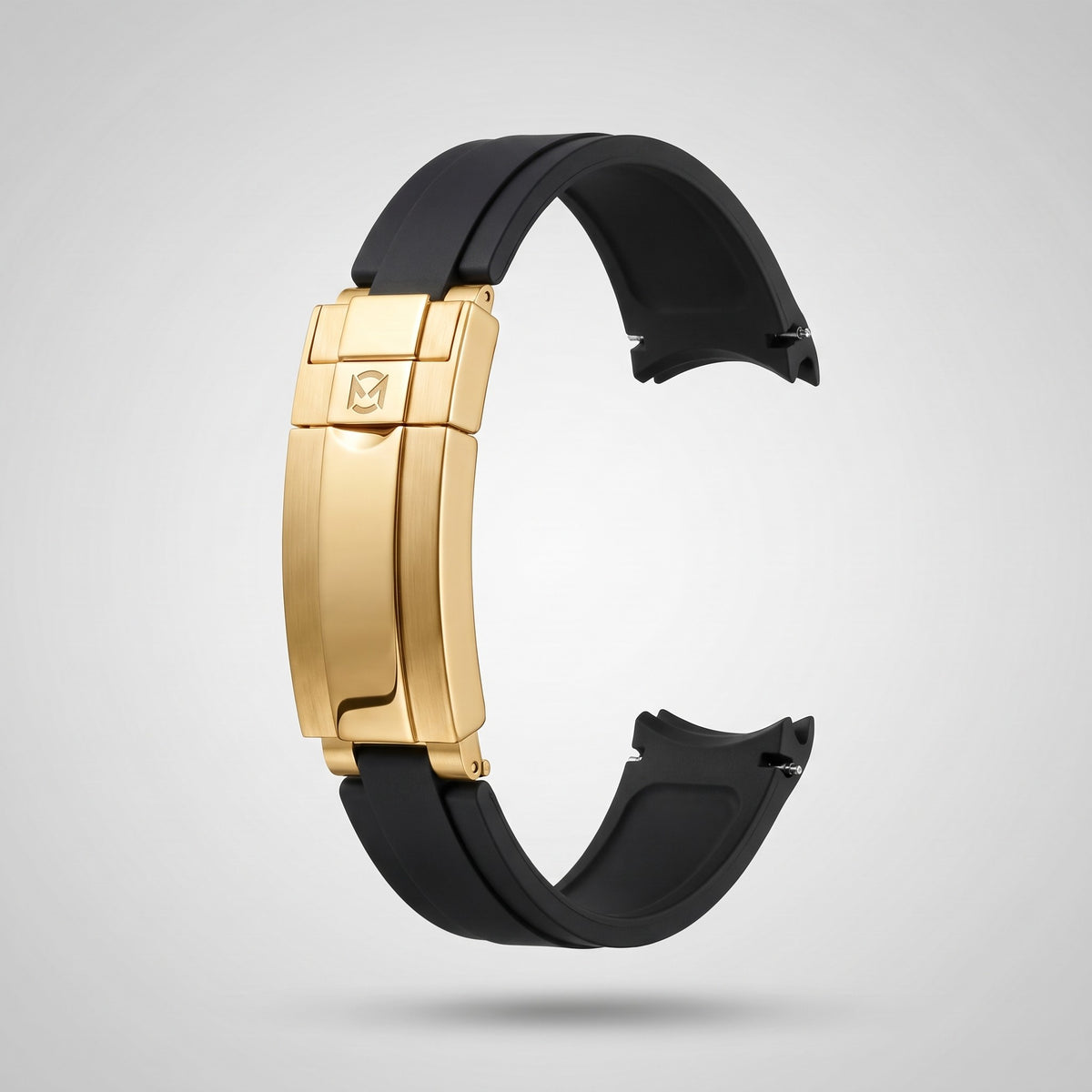 Classic Black quick release silicone strap 20 mm, yellow gold clasp engraved with the Chrono Mod logo